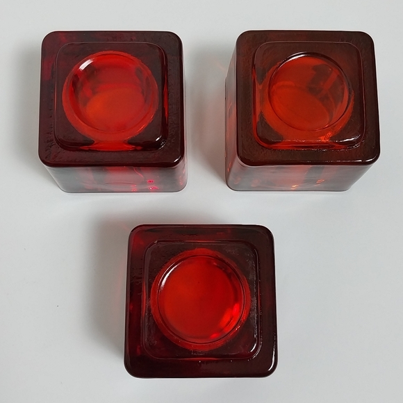 Vintage Mid Century Votive Candle Holders Ruby Cadmium Red Cube Art Glass - Picture 2 of 8